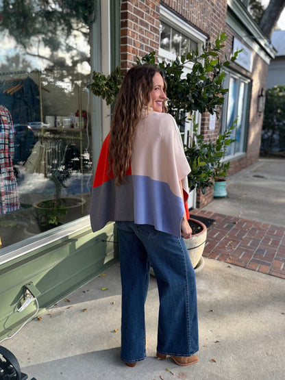 Cream Colorblock Turtleneck Sleeveless Poncho Wrap - Cream - KJ Clothier