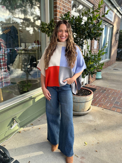 Cream Colorblock Turtleneck Sleeveless Poncho Wrap - Cream - KJ Clothier