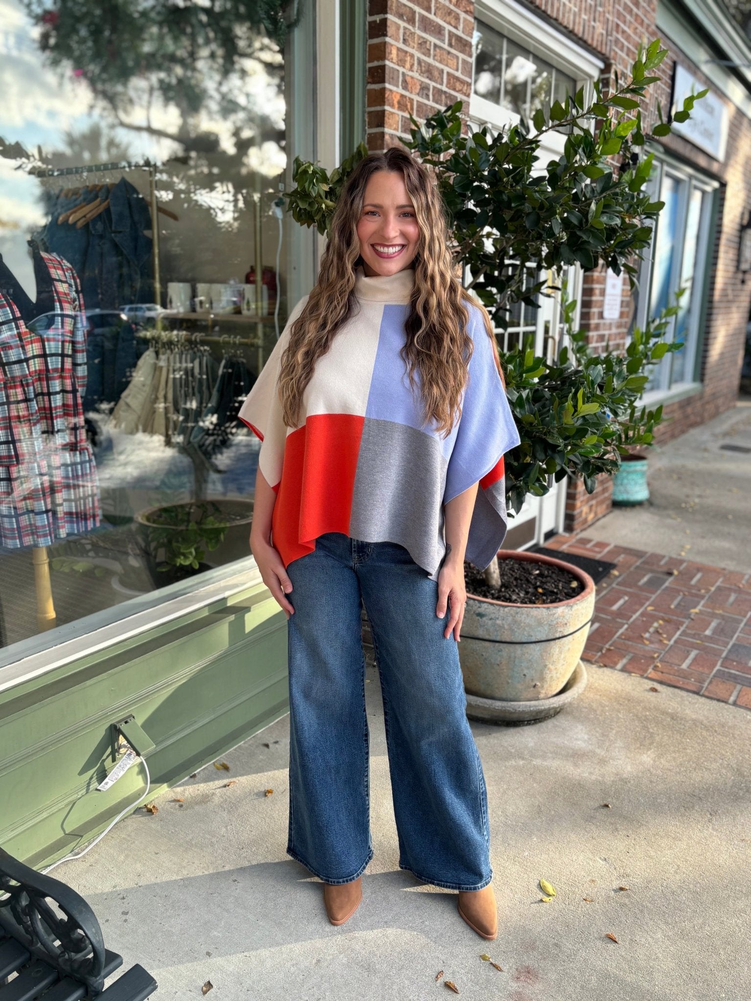 Cream Colorblock Turtleneck Sleeveless Poncho Wrap - Cream - KJ Clothier