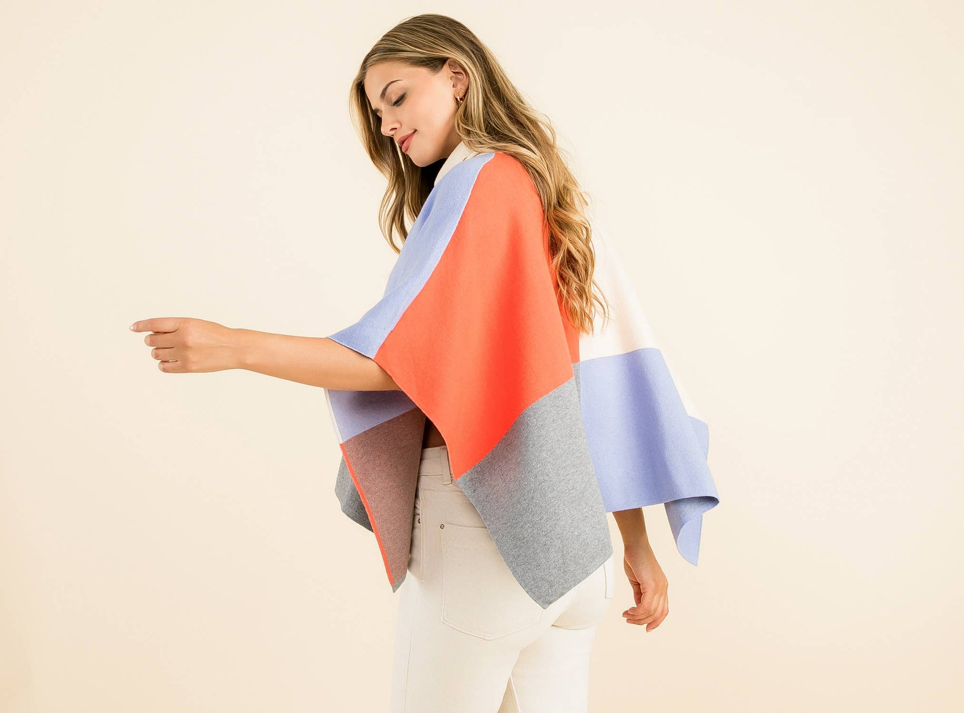 Cream Colorblock Turtleneck Sleeveless Poncho Wrap - Cream - KJ Clothier