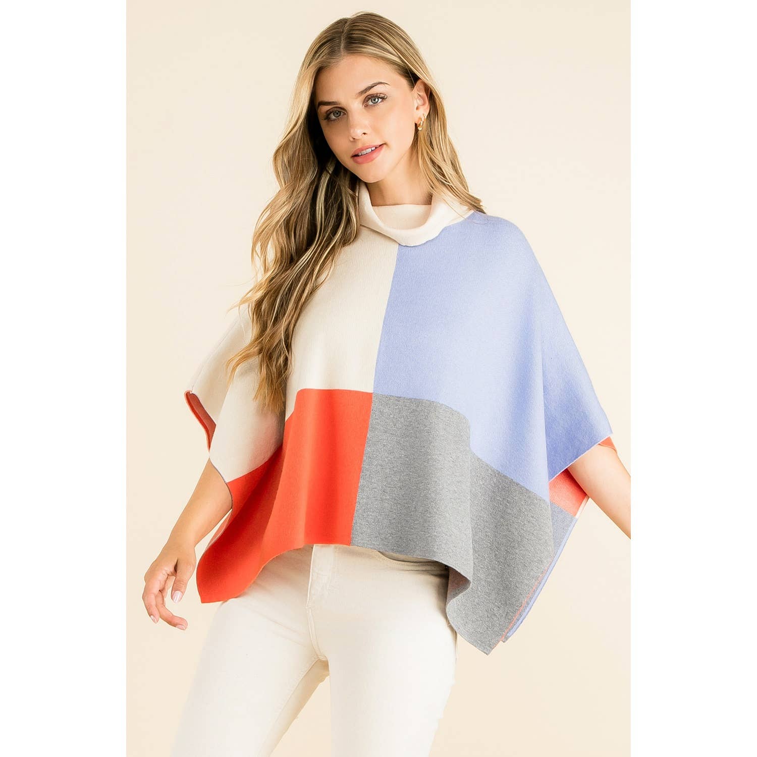 Cream Colorblock Turtleneck Sleeveless Poncho Wrap - Cream - KJ Clothier