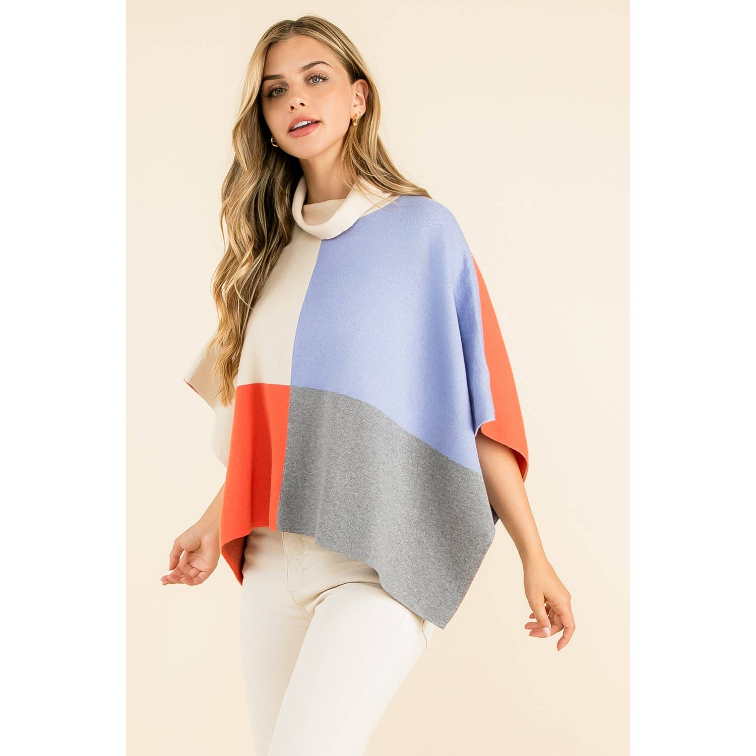 Cream Colorblock Turtleneck Sleeveless Poncho Wrap - Cream - KJ Clothier