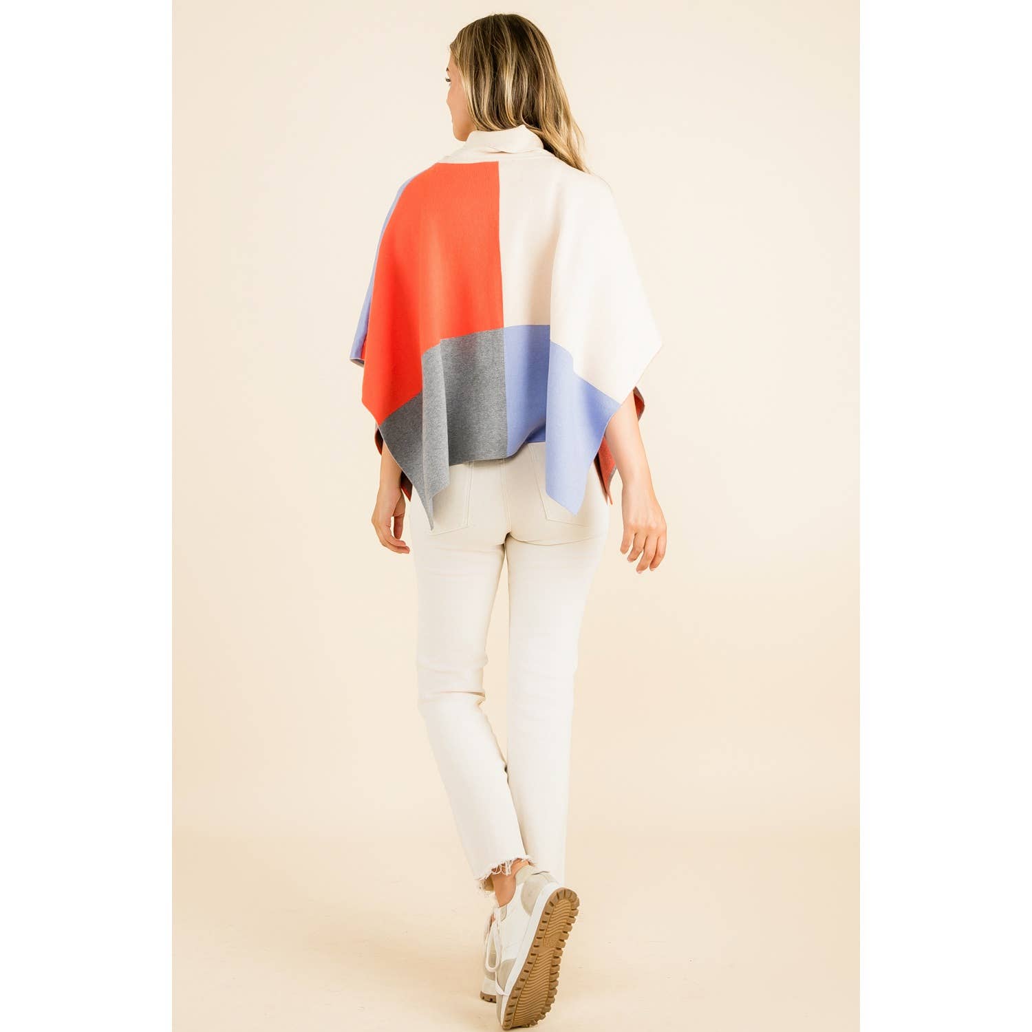 Cream Colorblock Turtleneck Sleeveless Poncho Wrap - Cream - KJ Clothier
