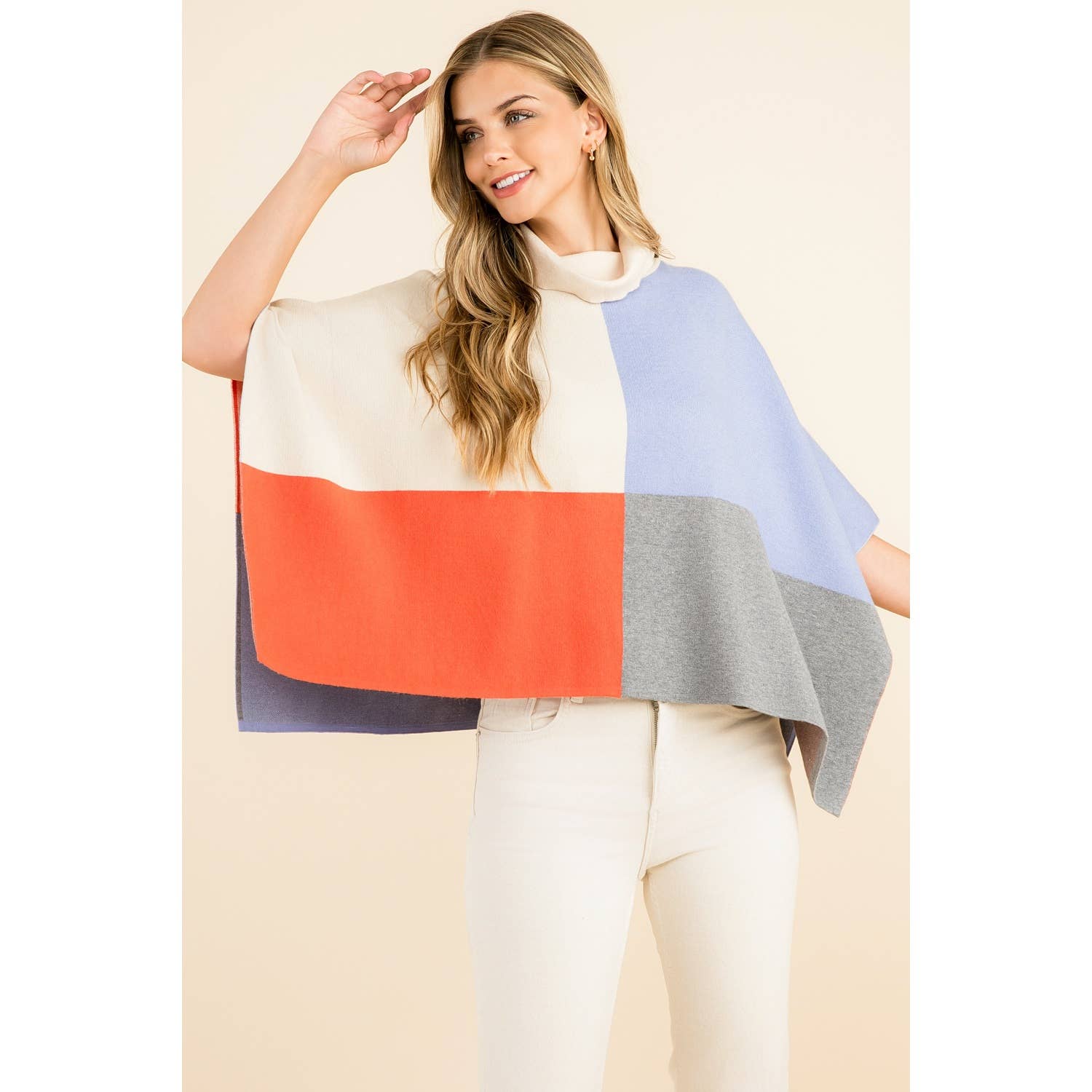 Cream Colorblock Turtleneck Sleeveless Poncho Wrap - Cream - KJ Clothier