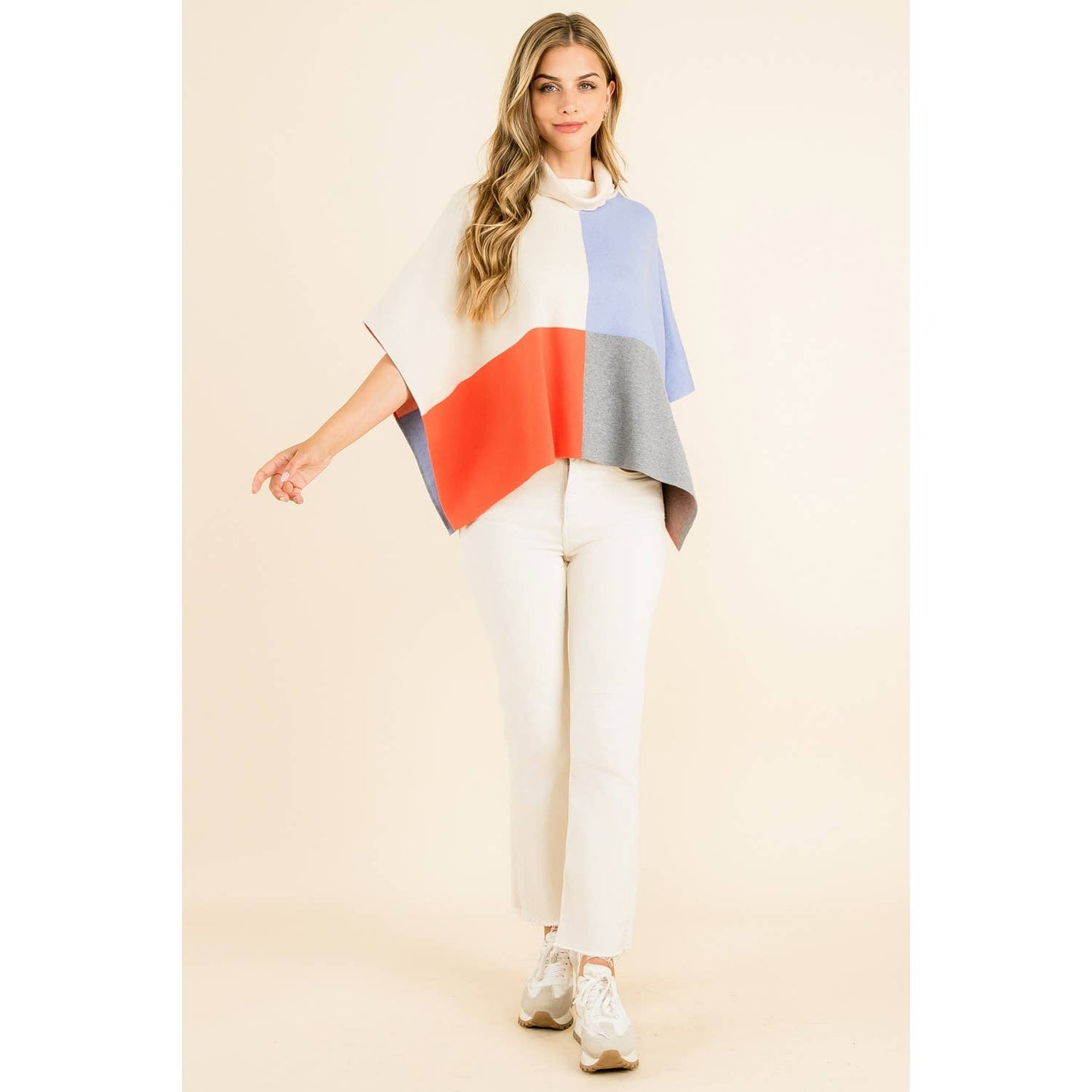 Cream Colorblock Turtleneck Sleeveless Poncho Wrap - Cream - KJ Clothier