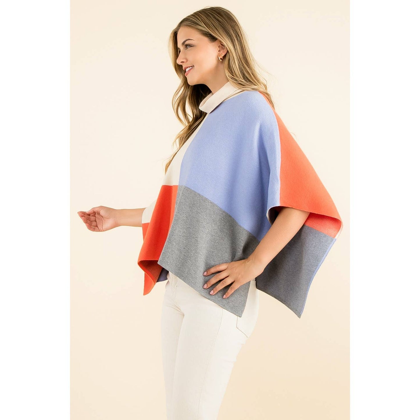 Cream Colorblock Turtleneck Sleeveless Poncho Wrap - Cream - KJ Clothier