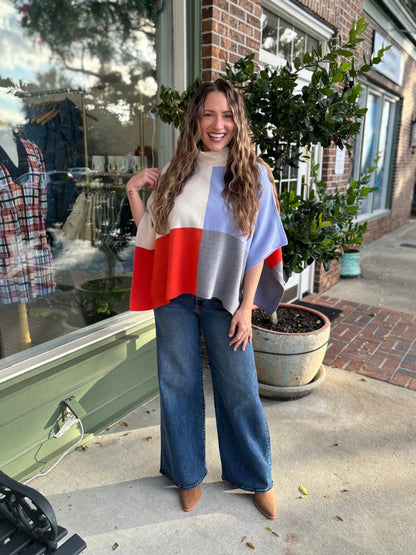 Cream Colorblock Turtleneck Sleeveless Poncho Wrap - Cream - KJ Clothier