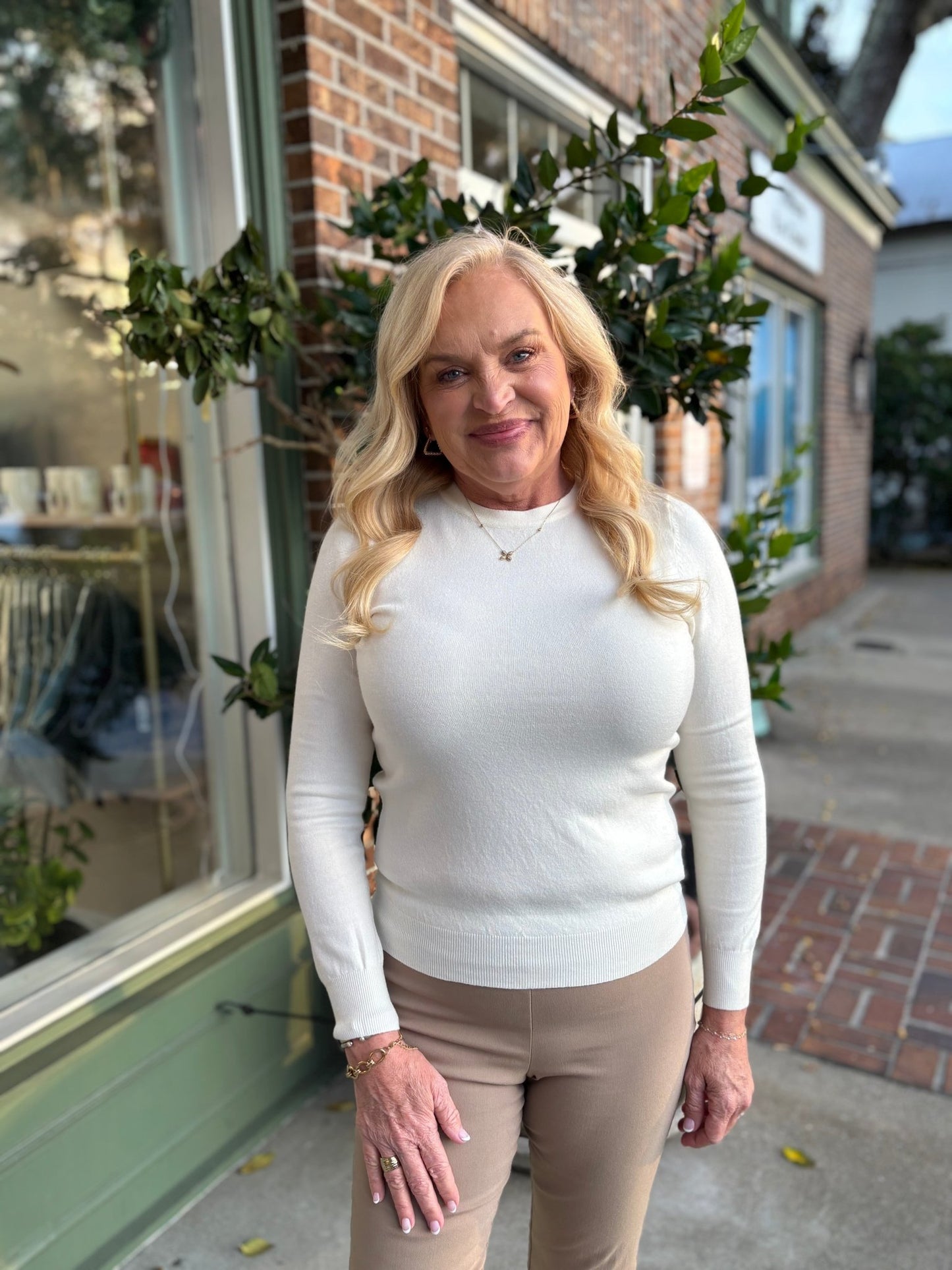 Crew Neck Lightweight Sweater - Off White - KJ Clothier