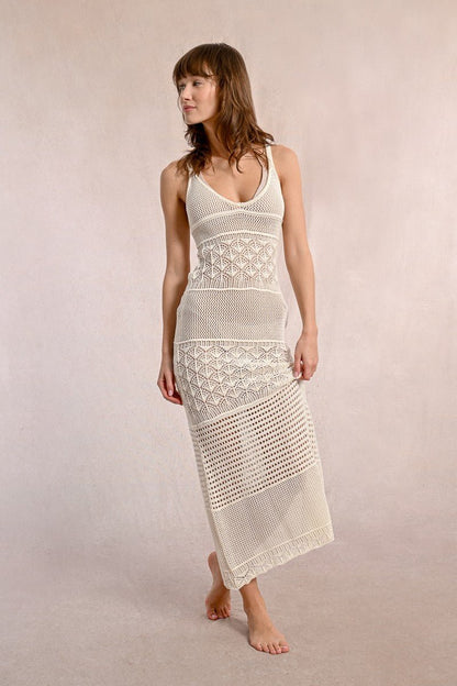 Crochet Openwork Maxi Cover Up Dress - White - KJ Clothier