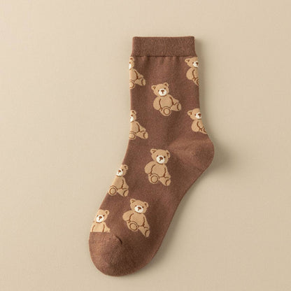 Cute Simple Brown Bear Pattern Crew Socks - KJ Clothier
