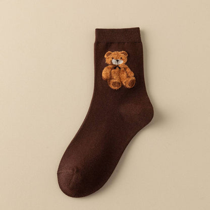 Cute Simple Brown Bear Pattern Crew Socks - KJ Clothier