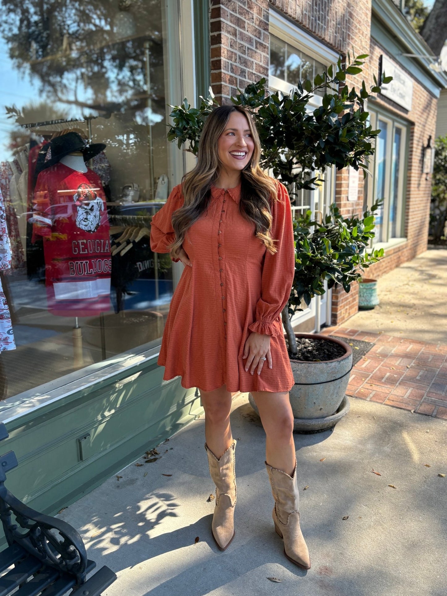 Doll Collared Button Down Dress - Rust - KJ Clothier