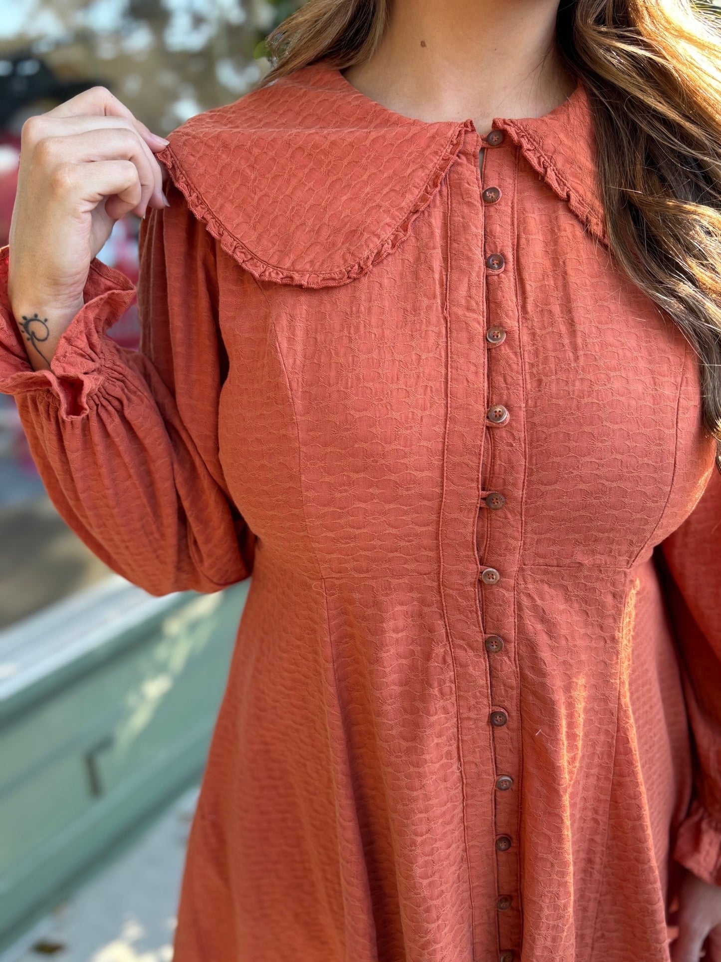 Doll Collared Button Down Dress - Rust - KJ Clothier
