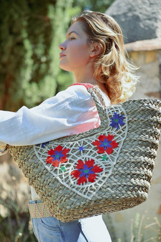 Embroidered Basket Tote Bag