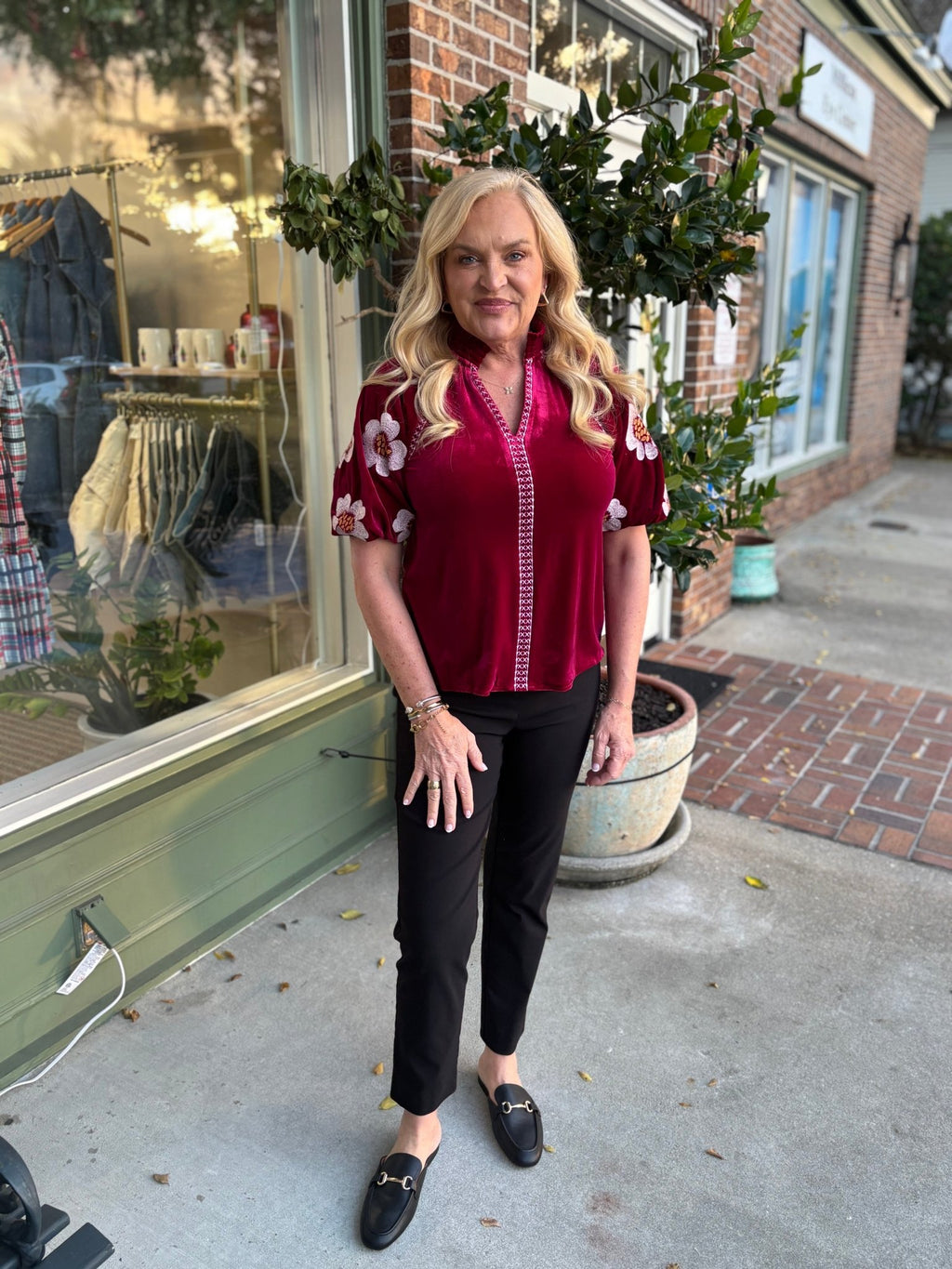 Embroidered Detail Velvet Puff Sleeve Top - Magenta - KJ Clothier