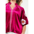 Embroidered Detail Velvet Puff Sleeve Top - Magenta - KJ Clothier