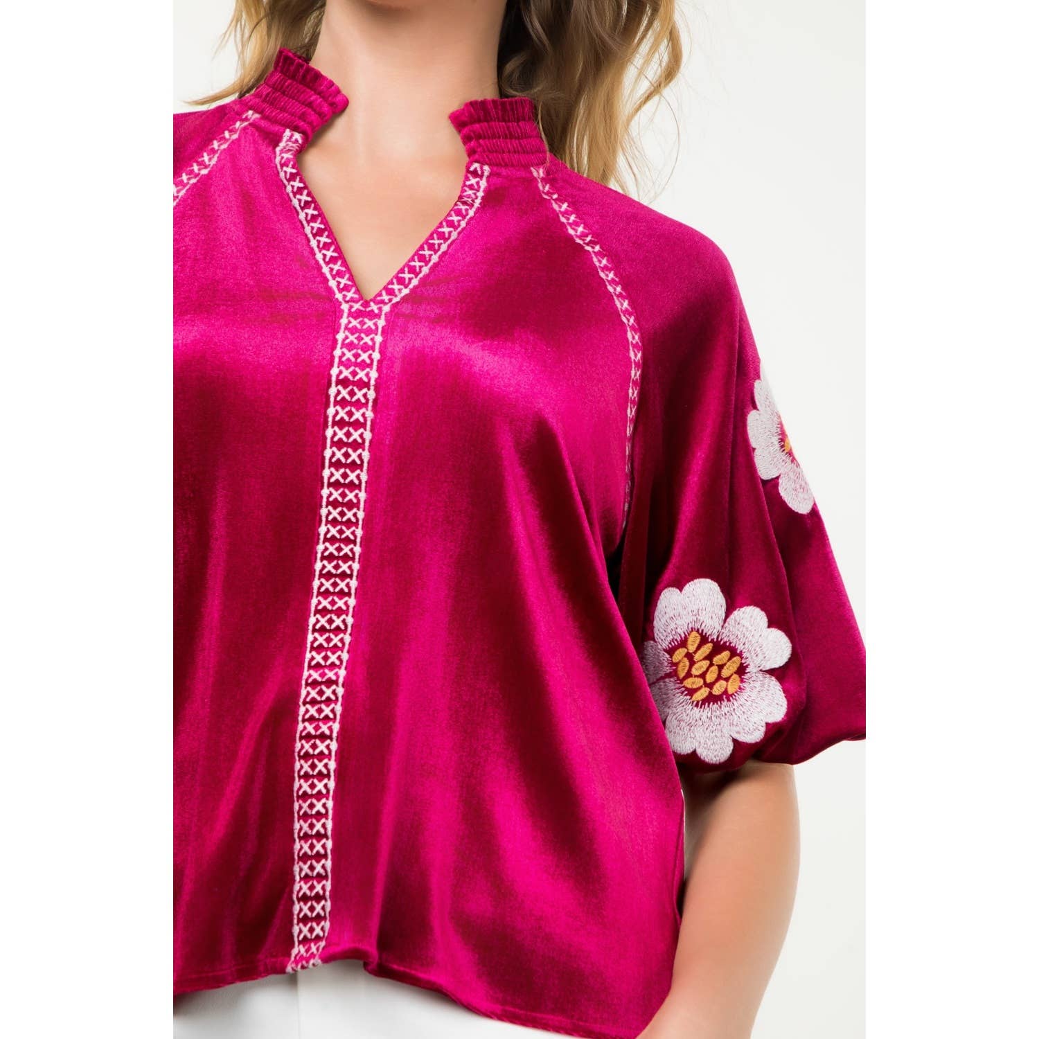 Embroidered Detail Velvet Puff Sleeve Top - Magenta - KJ Clothier