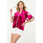 Embroidered Detail Velvet Puff Sleeve Top - Magenta - KJ Clothier