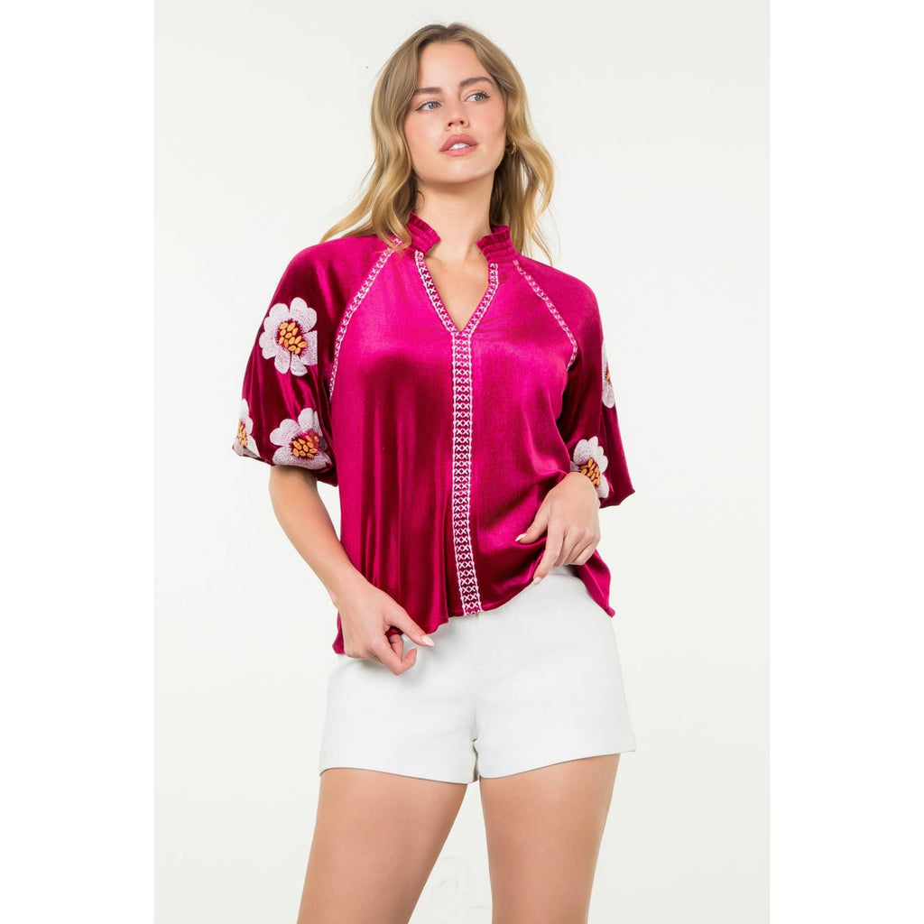 Embroidered Detail Velvet Puff Sleeve Top - Magenta - KJ Clothier