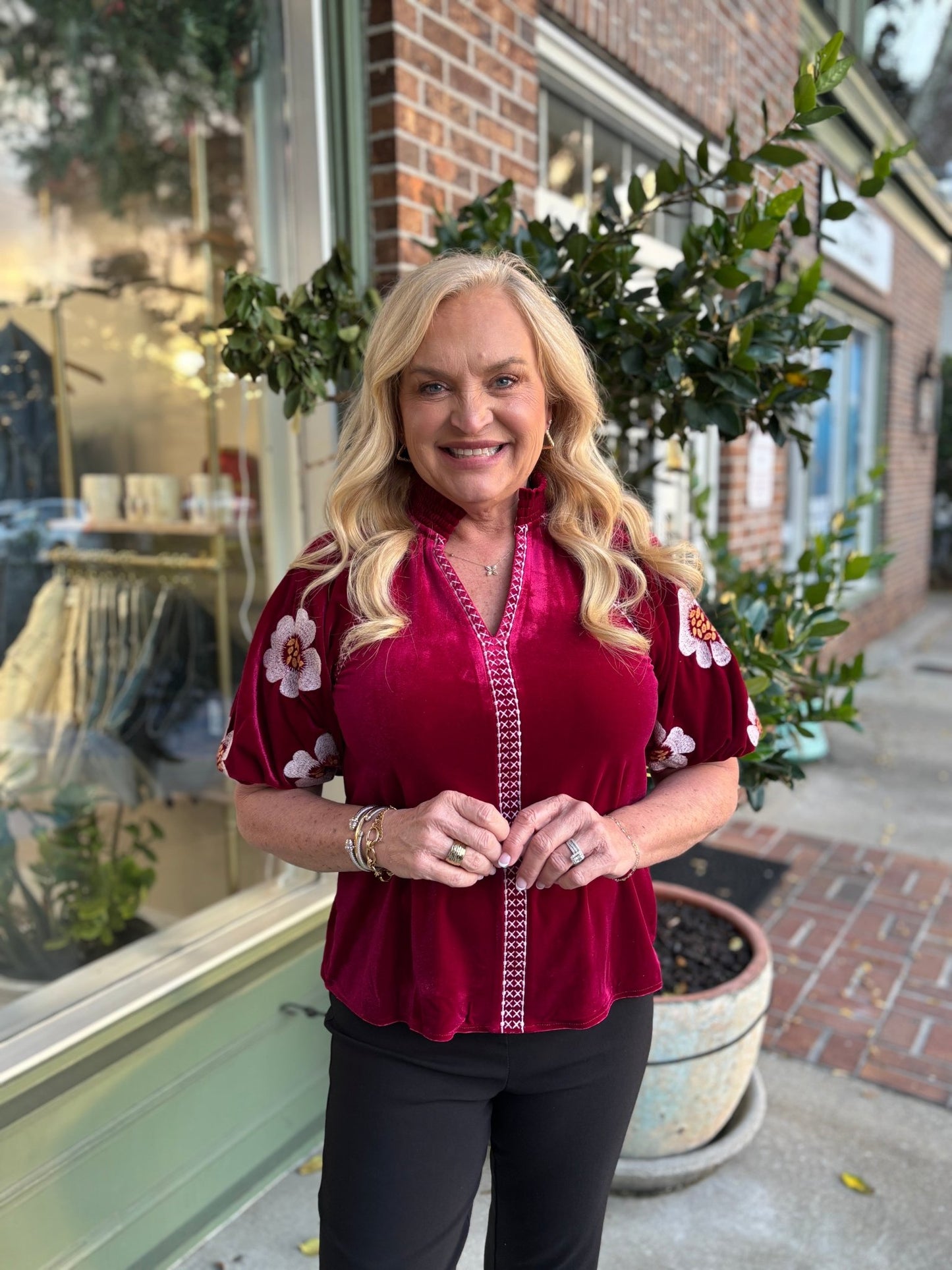 Embroidered Detail Velvet Puff Sleeve Top - Magenta - KJ Clothier