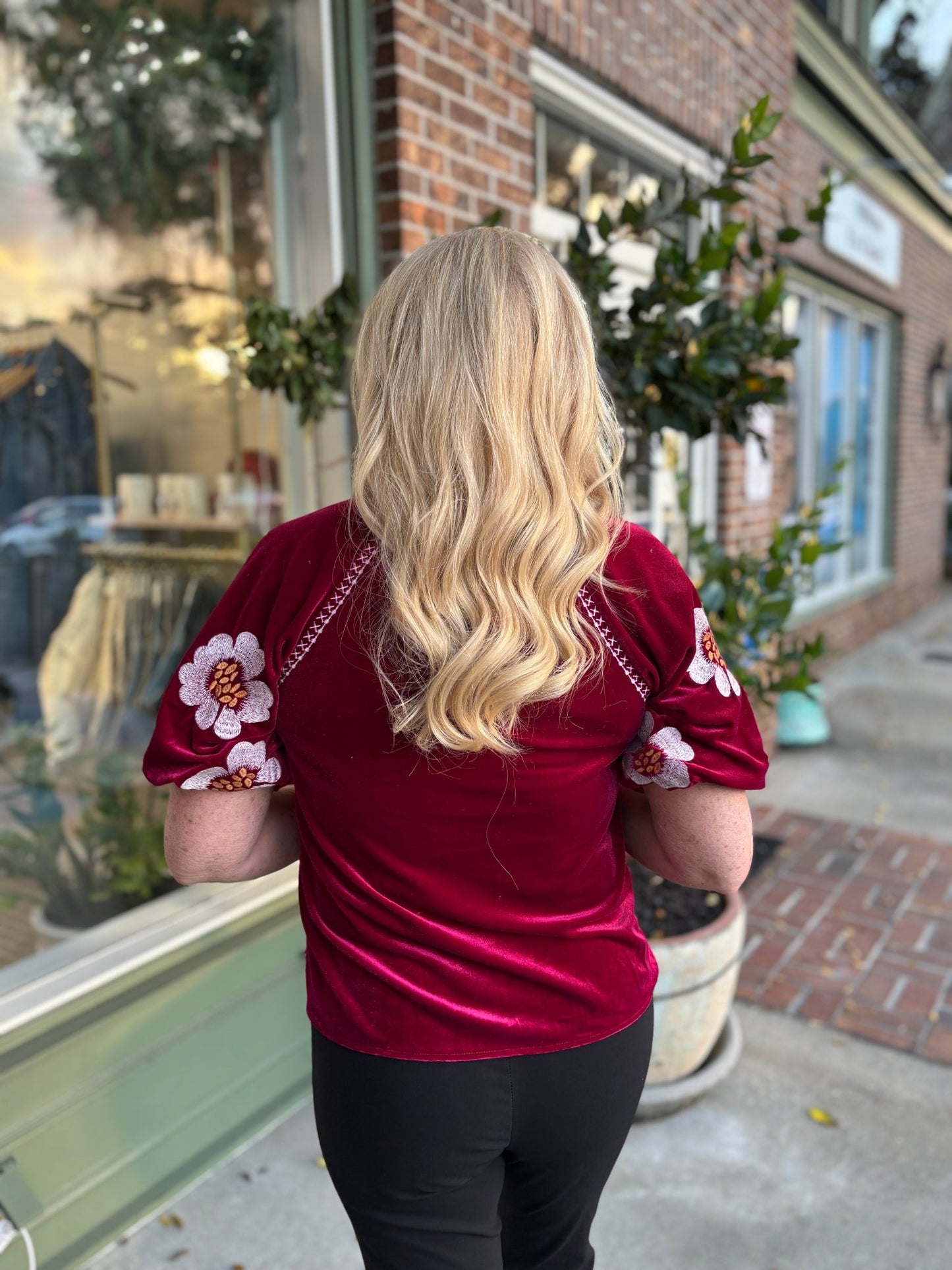 Embroidered Detail Velvet Puff Sleeve Top - Magenta - KJ Clothier