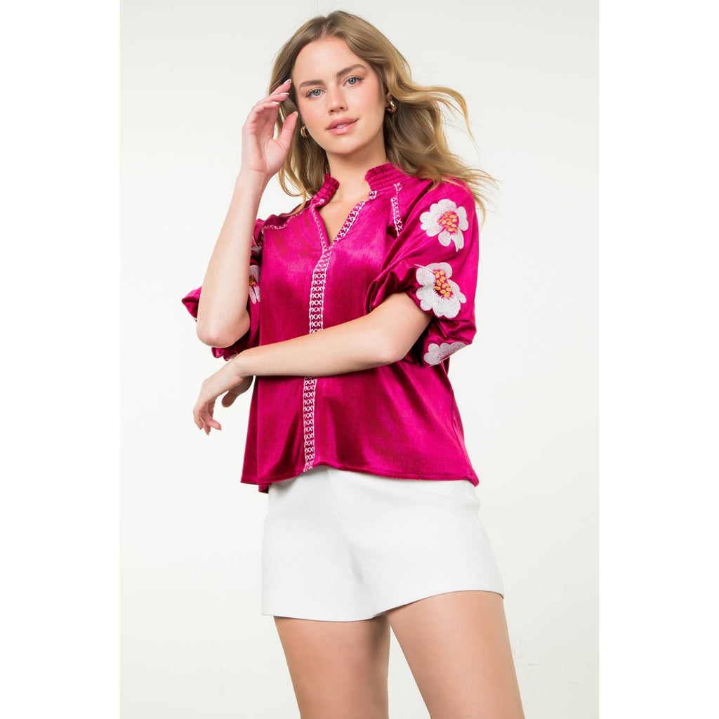 Embroidered Detail Velvet Puff Sleeve Top - Magenta - KJ Clothier