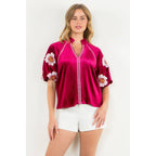 Embroidered Detail Velvet Puff Sleeve Top - Magenta - KJ Clothier