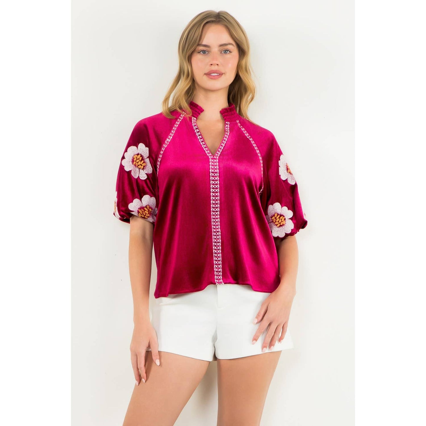 Embroidered Detail Velvet Puff Sleeve Top - Magenta - KJ Clothier