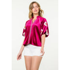 Embroidered Detail Velvet Puff Sleeve Top - Magenta - KJ Clothier