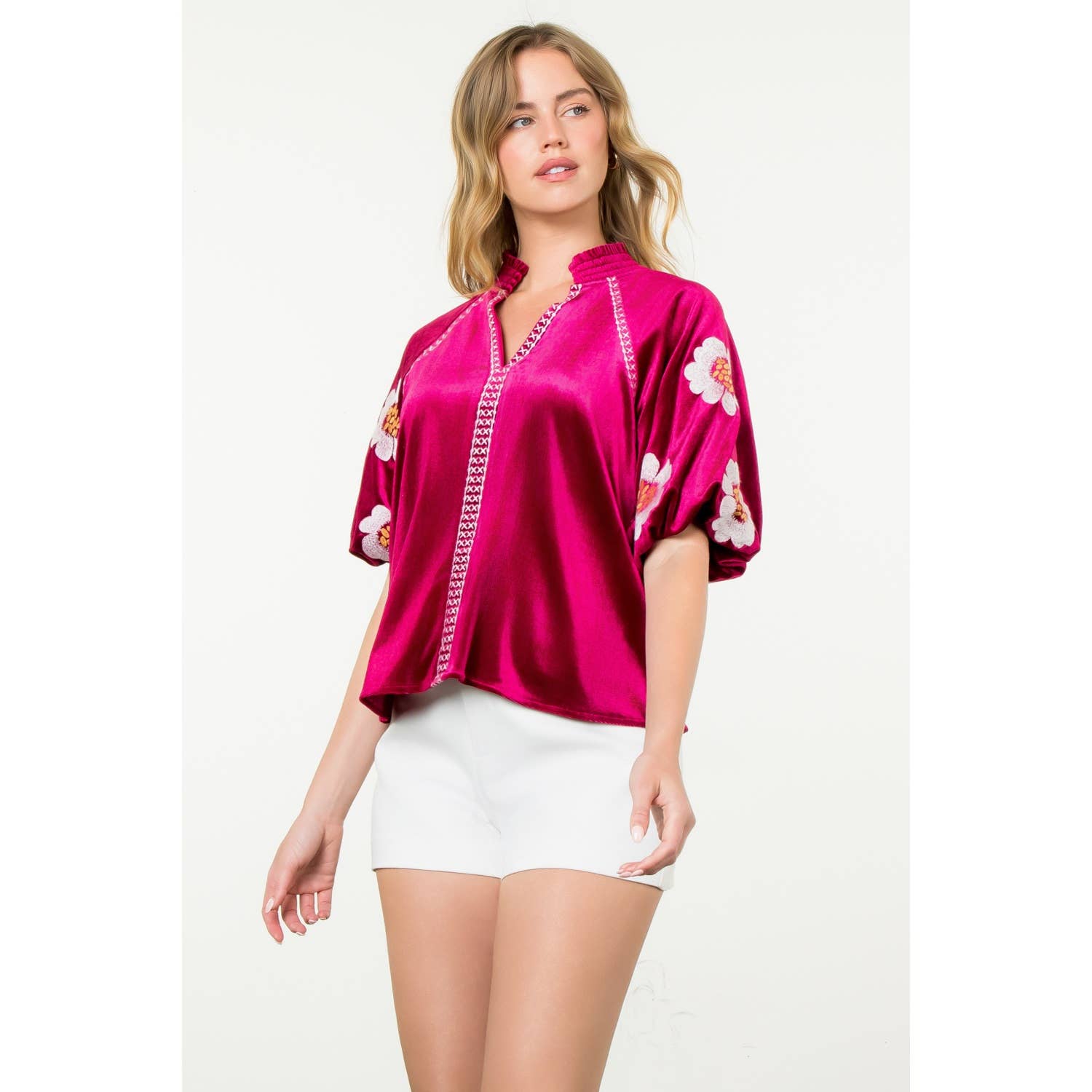 Embroidered Detail Velvet Puff Sleeve Top - Magenta - KJ Clothier
