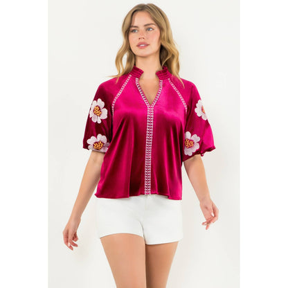 Embroidered Detail Velvet Puff Sleeve Top - Magenta - KJ Clothier
