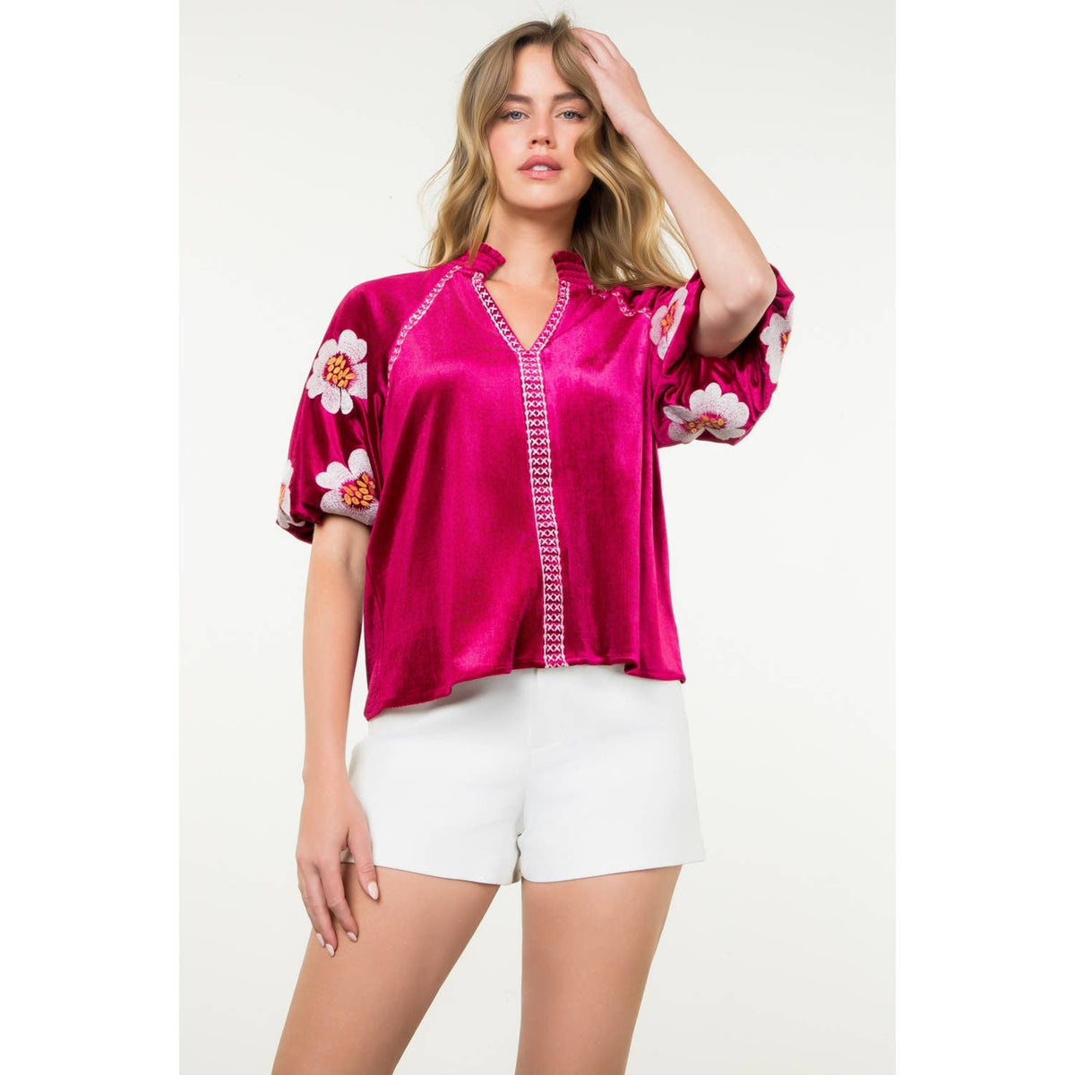 Embroidered Detail Velvet Puff Sleeve Top - Magenta - KJ Clothier