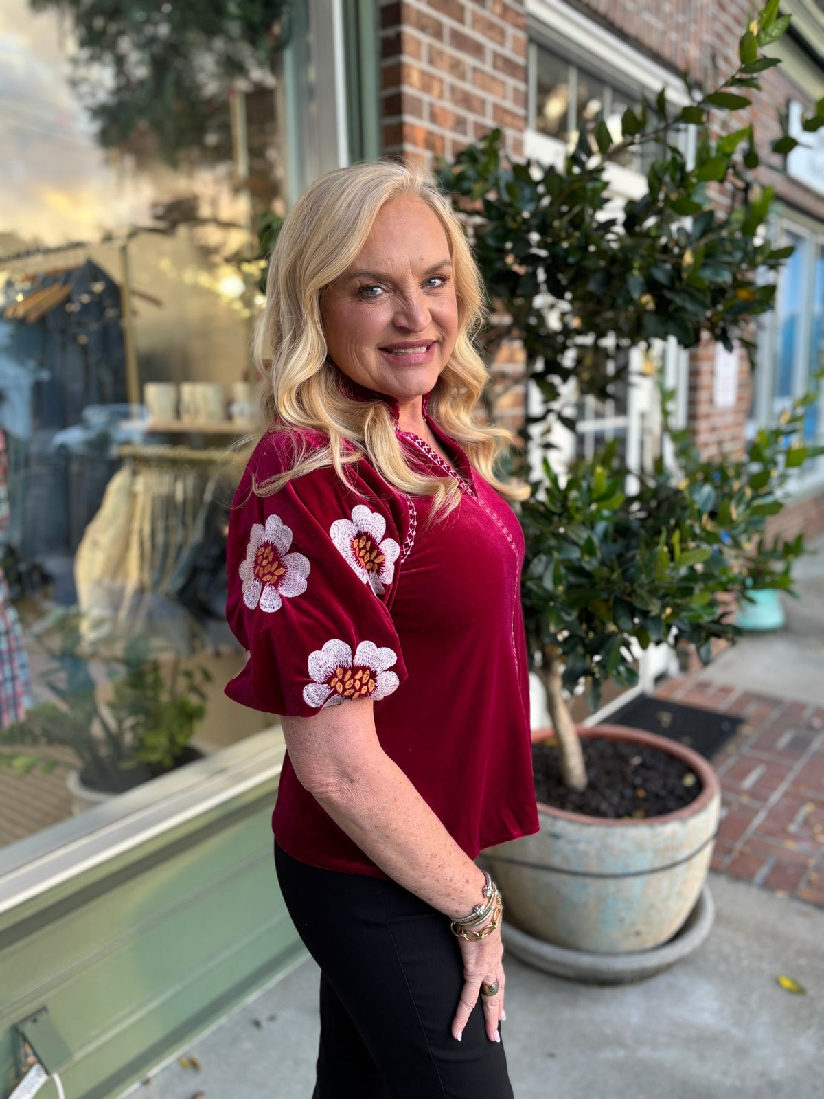 Embroidered Detail Velvet Puff Sleeve Top - Magenta - KJ Clothier