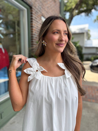 Embroidered Maxi Dress with Floral Shoulder Accents - Off White - KJ Clothier