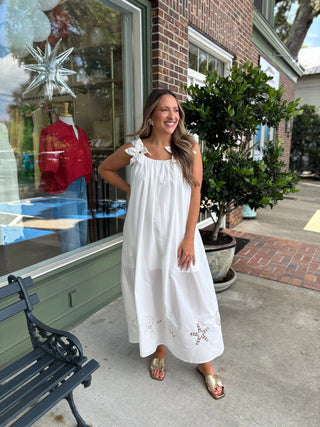 Embroidered Maxi Dress with Floral Shoulder Accents - Off White - KJ Clothier