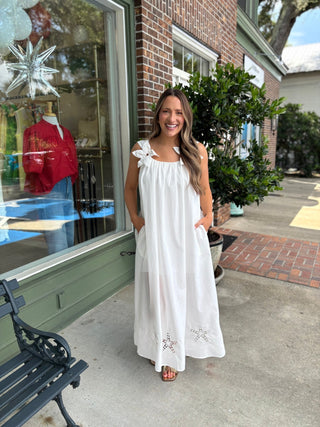 Embroidered Maxi Dress with Floral Shoulder Accents - Off White - KJ Clothier