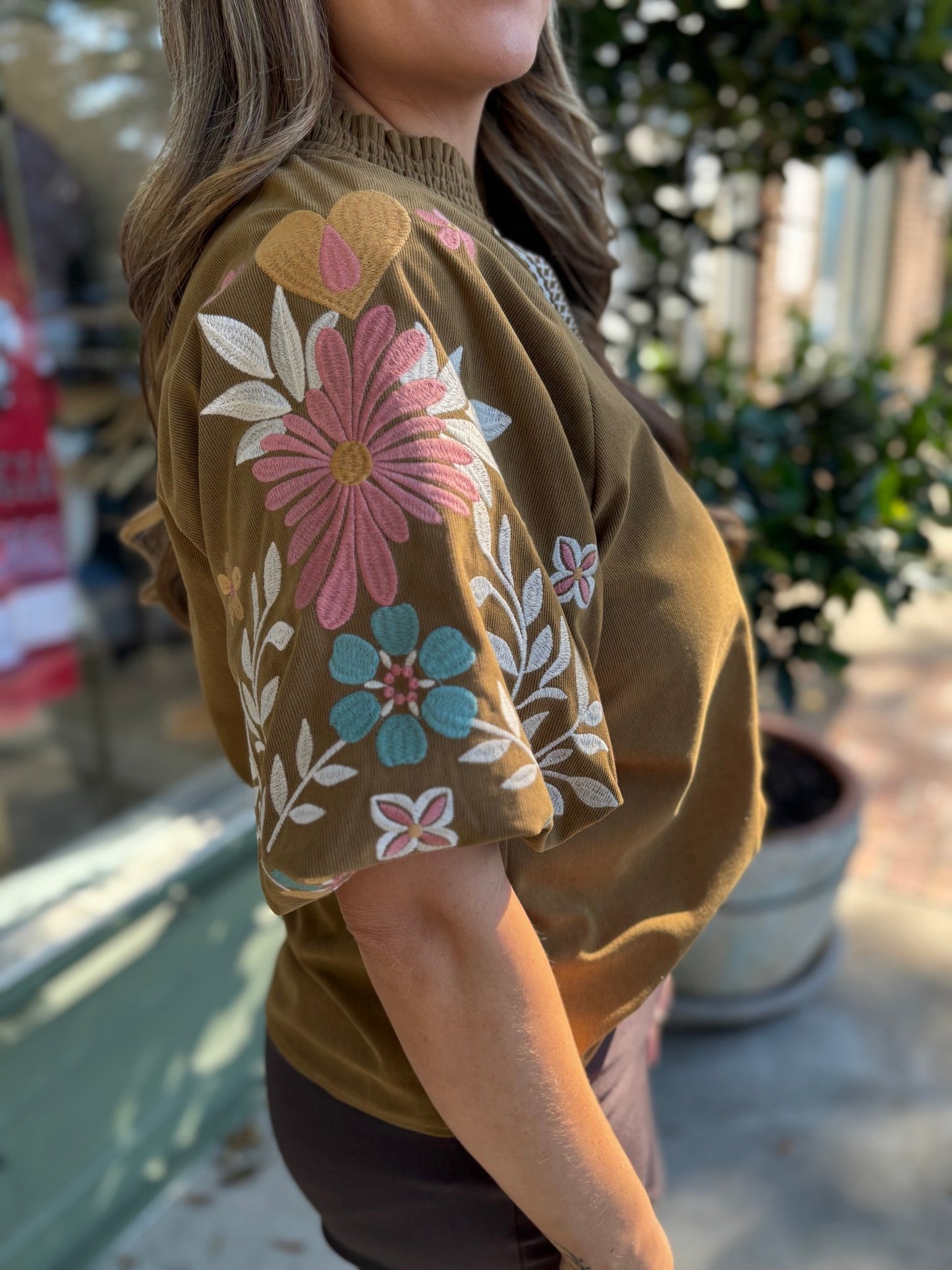 Embroidered Puff Sleeve Corduroy Top: Olive - KJ Clothier