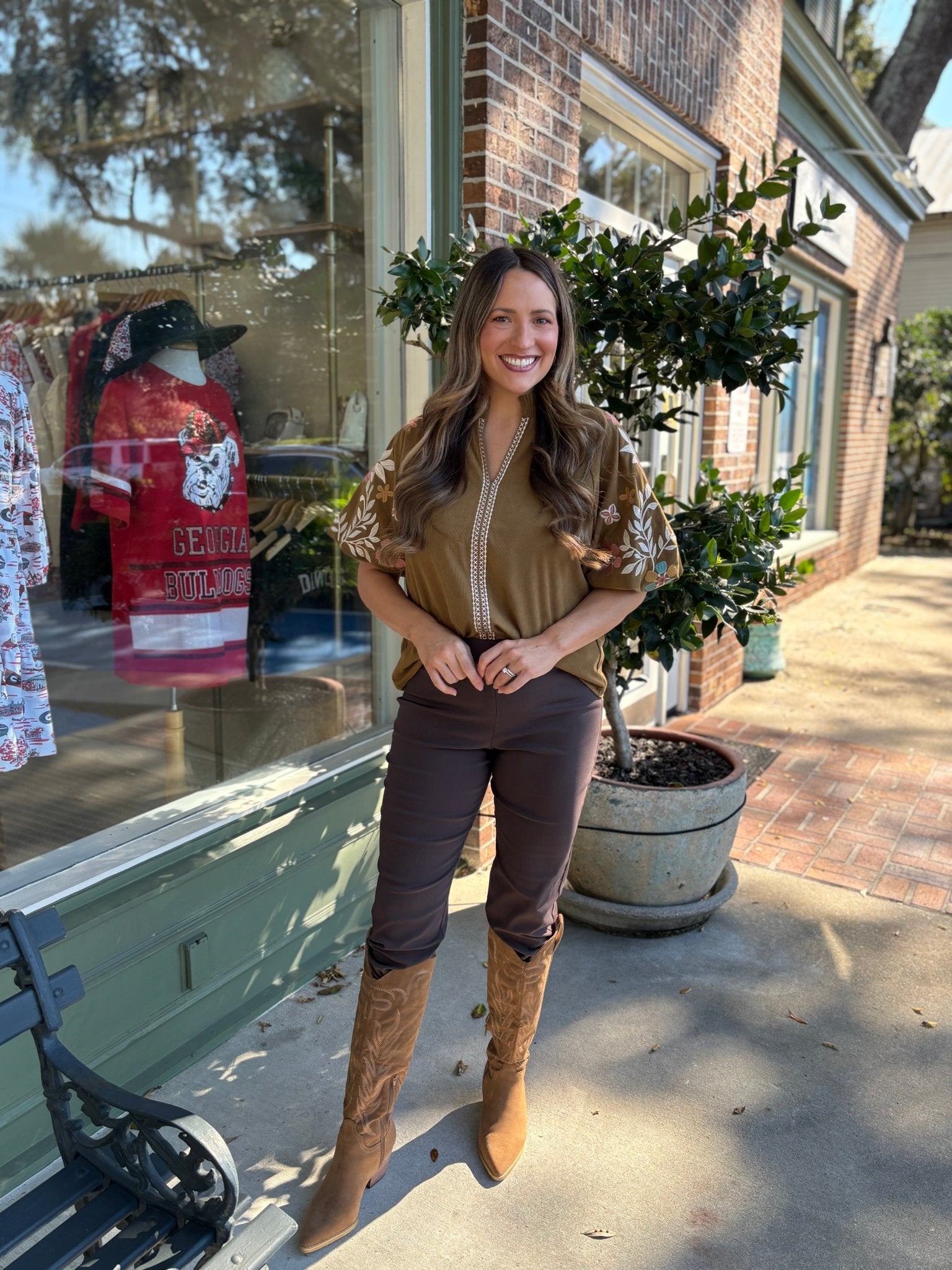 Embroidered Puff Sleeve Corduroy Top: Olive - KJ Clothier