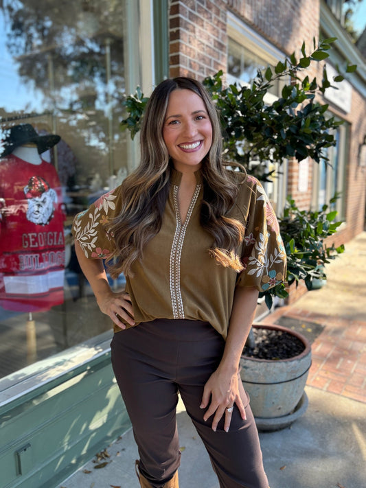 Embroidered Puff Sleeve Corduroy Top: Olive - KJ Clothier