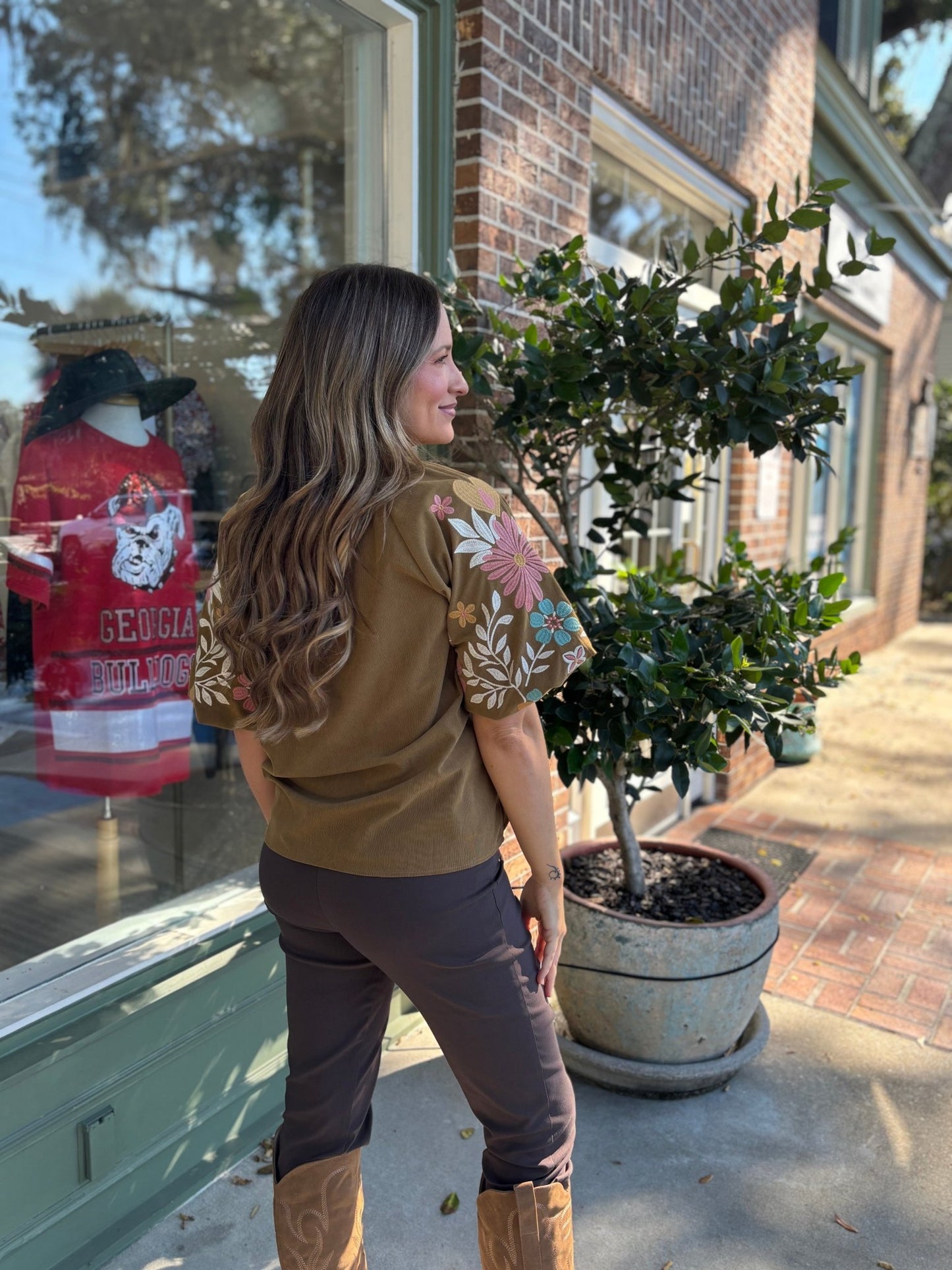 Embroidered Puff Sleeve Corduroy Top: Olive - KJ Clothier