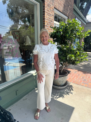 Embroidered Short Sleeve Blouse - Off White - KJ Clothier