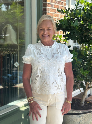 Embroidered Short Sleeve Blouse - Off White - KJ Clothier