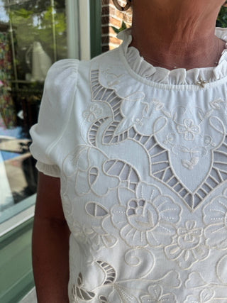 Embroidered Short Sleeve Blouse - Off White - KJ Clothier