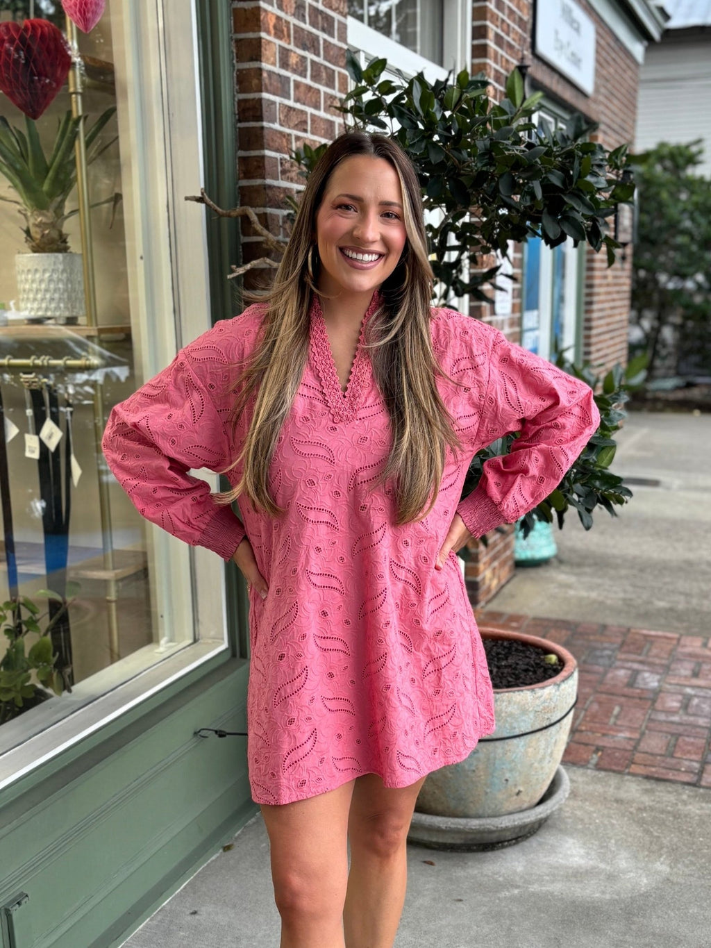 Eyelet Trim V - neck Dress - Dusty Coral - KJ Clothier