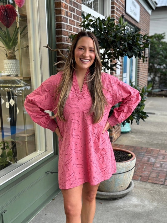 Eyelet Trim V - neck Dress - Dusty Coral - KJ Clothier