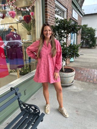 Eyelet Trim V - neck Dress - Dusty Coral - KJ Clothier