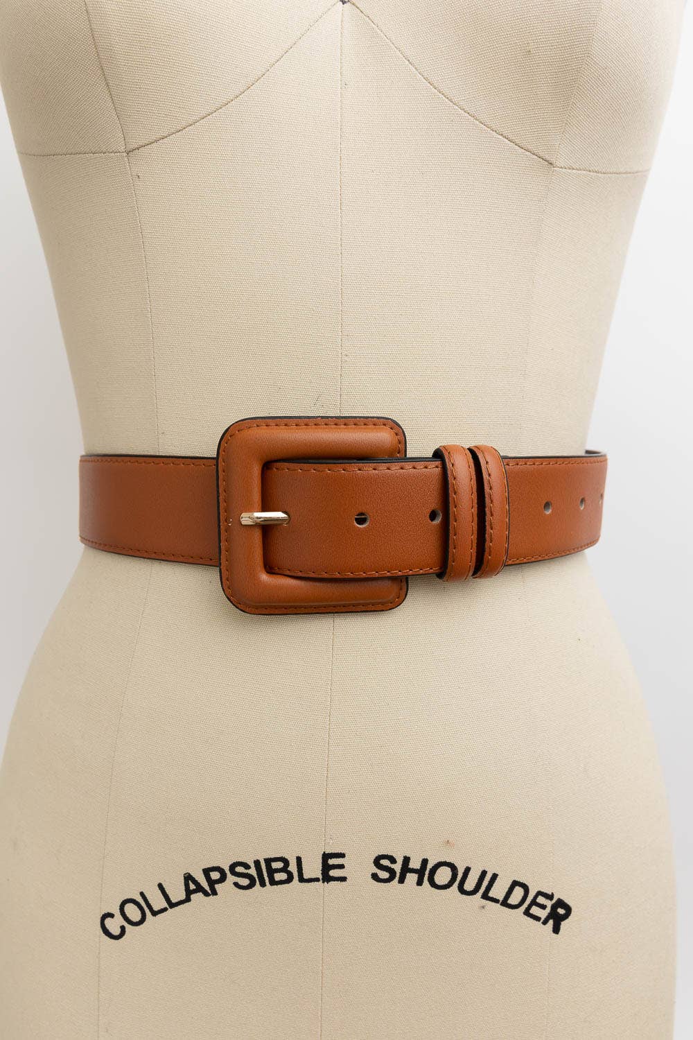 Genuine Leather Square Buckle Belt: Cognac
