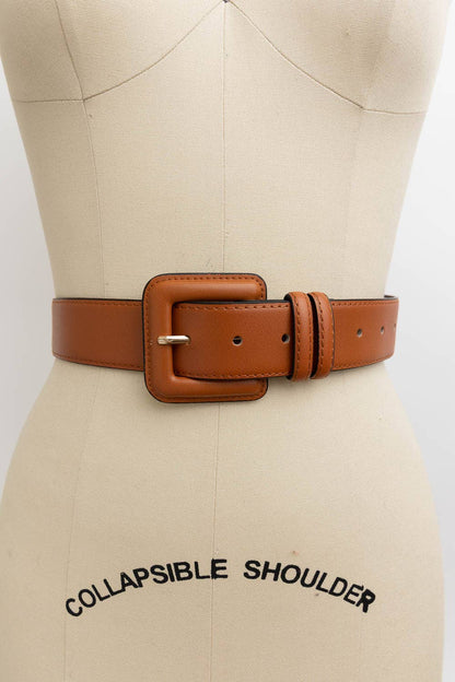 Genuine Leather Square Buckle Belt: Cognac
