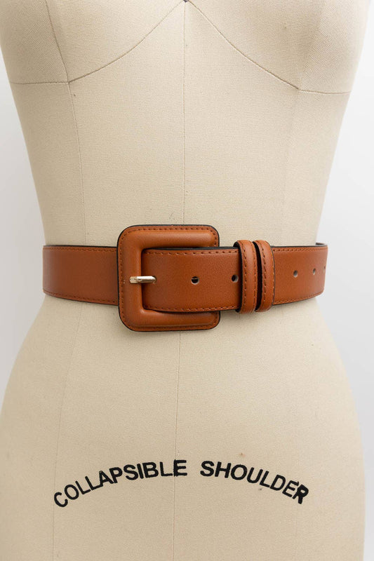 Genuine Leather Square Buckle Belt: Cognac