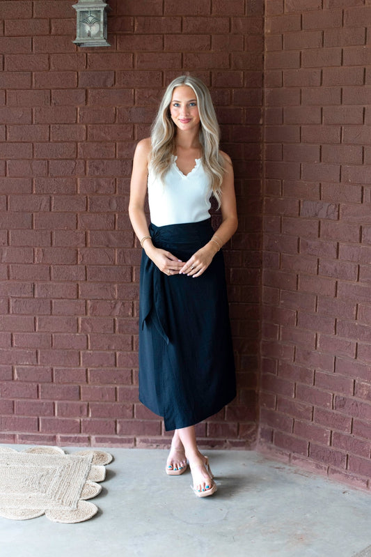 Faux Wrap Maxi Skirt - Black - KJ Clothier